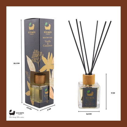Eco Bath London Vanilla Cinnamon Reed Diffuser - Luxurious Herbal Scent of Cinnamon and Vanilla, Long Lasting Room Diffuser, 100ml (3.38 Fl.Oz)