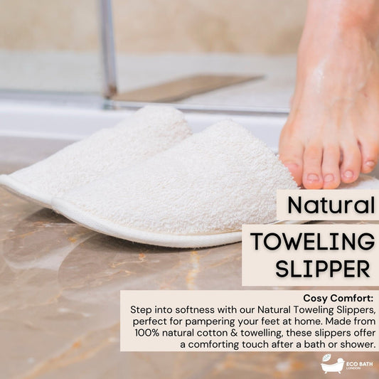 Eco Bath London Natural Towelling Slippers - GOTS Certificated Luxury 100% Organic Cotton Indoor Slippers for Bath and Home