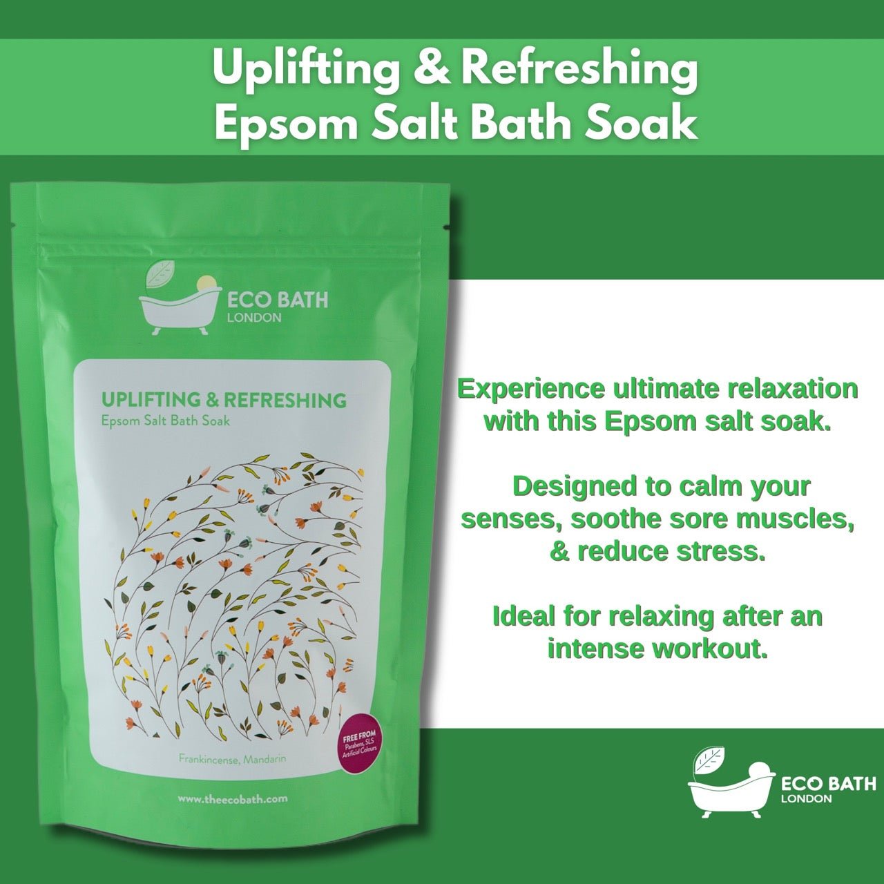 Eco Bath London Uplifting and Refreshing Epsom Salt Bath Soak Pouch | 500g & 1000g