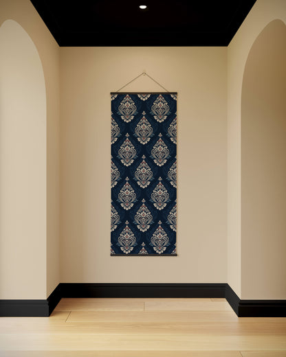 Decorative wall hanging with blue and white pattern on a beige wall.
