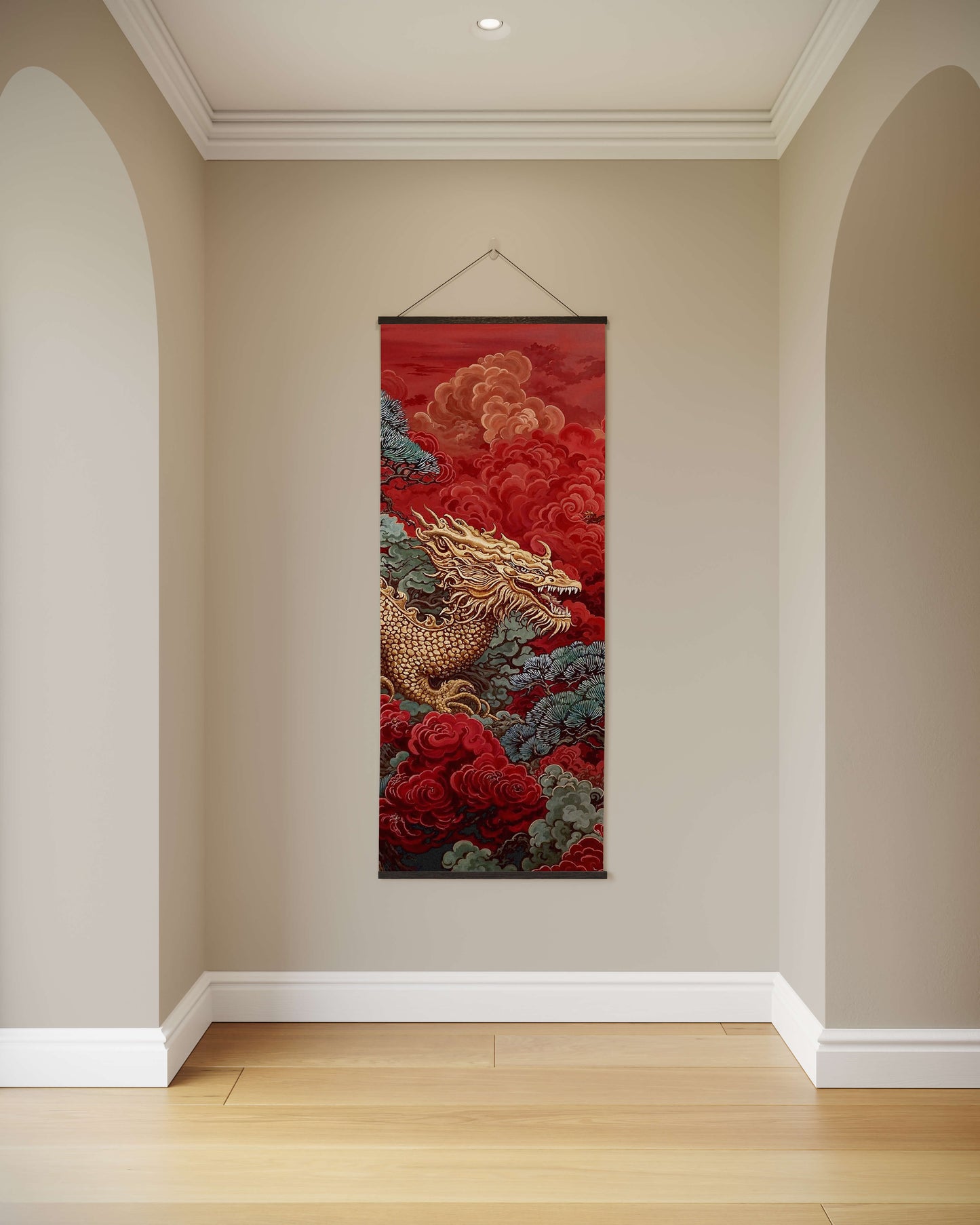 Decorative wall hanging with a dragon design on a red background in a room with beige walls and wooden floor.