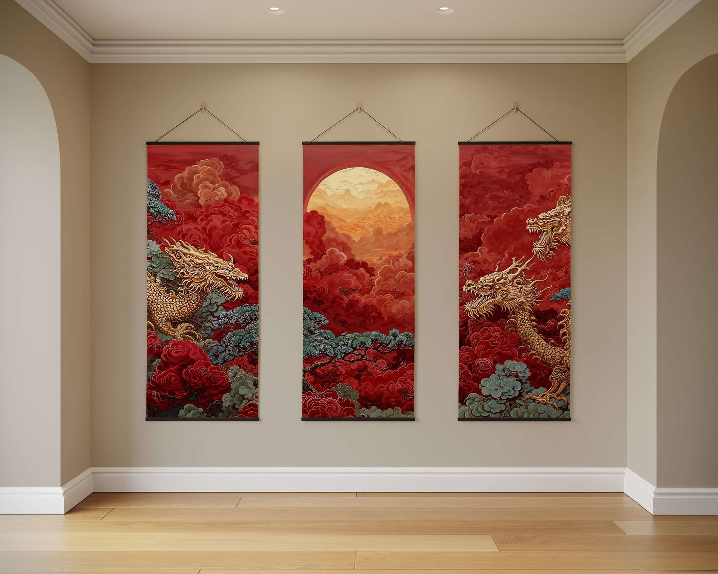 Three red wall hangings with dragon designs on a beige wall.