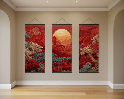 Three red wall hangings with dragon designs on a beige wall.