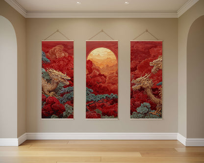 Three red wall hangings with dragon designs on a beige wall.