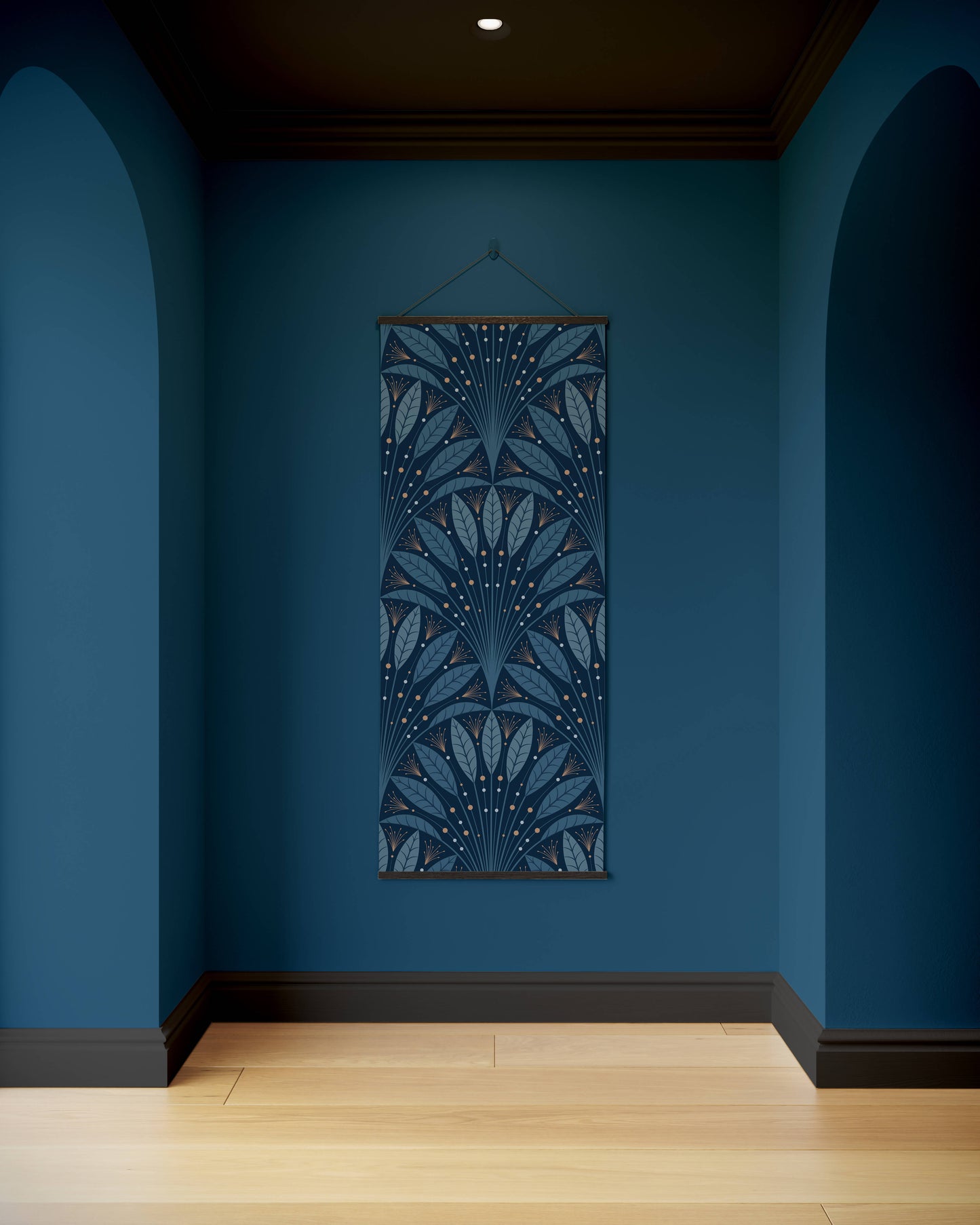 Decorative blue tapestry hanging on a blue wall with wooden floor and arches.
