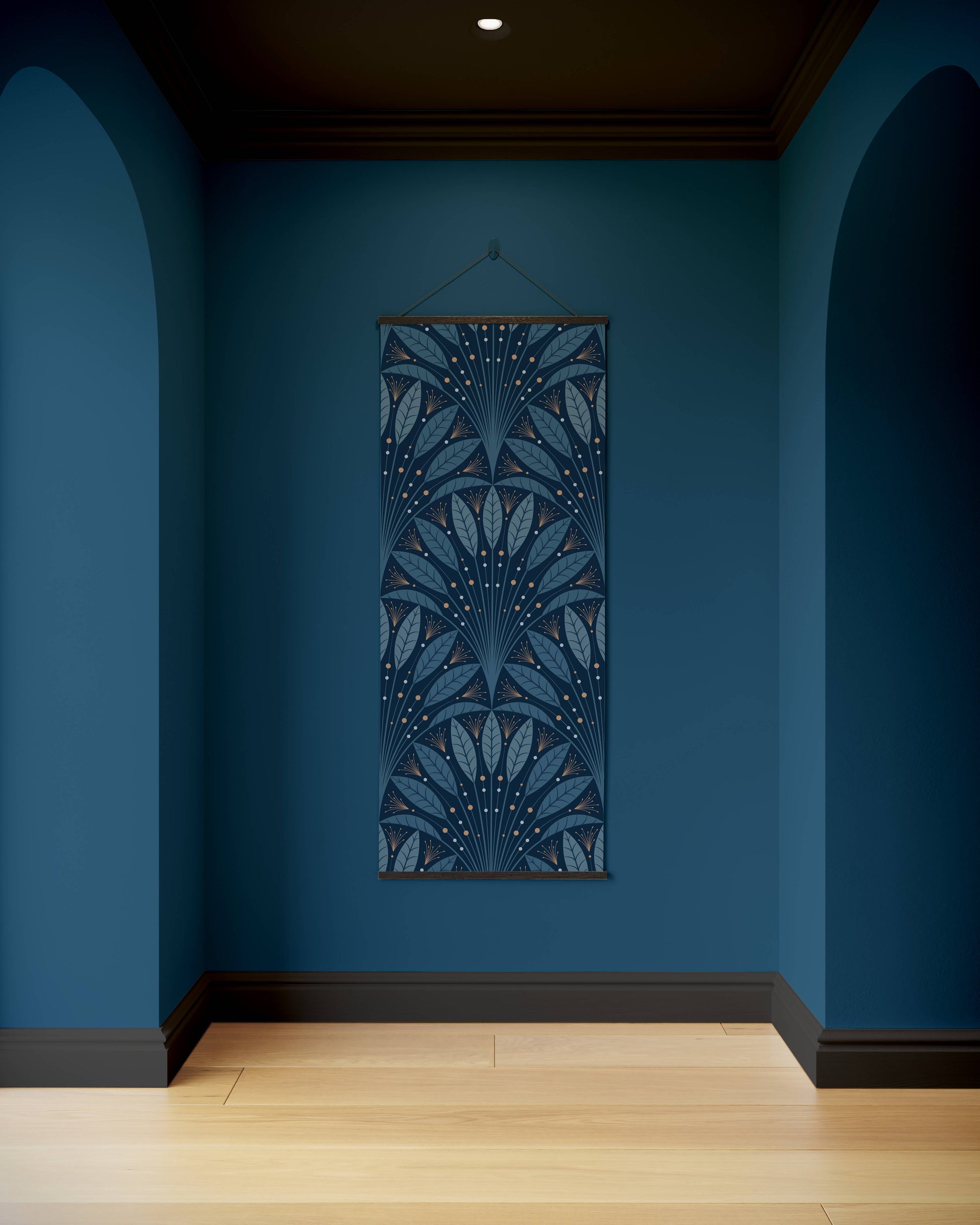 Decorative blue tapestry hanging on a blue wall with wooden floor and arches.