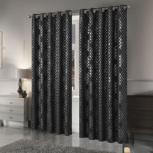 Geometric Black Sparkle Blackout Curtains Soft Thermal Insulated Eyelet Ring Top Living Room & Bedroom Drapes by OLIVIA ROCCO