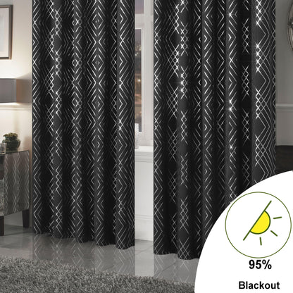 Geometric Black Sparkle Blackout Curtains Soft Thermal Insulated Eyelet Ring Top Living Room & Bedroom Drapes by OLIVIA ROCCO