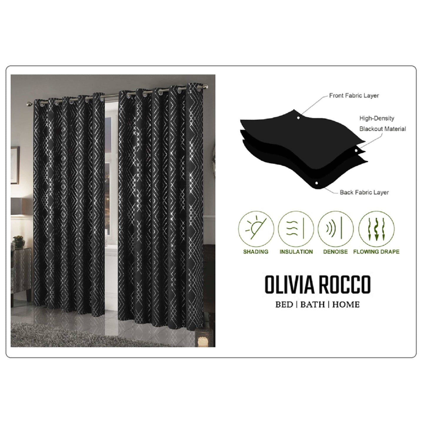 Geometric Black Sparkle Blackout Curtains Soft Thermal Insulated Eyelet Ring Top Living Room & Bedroom Drapes by OLIVIA ROCCO