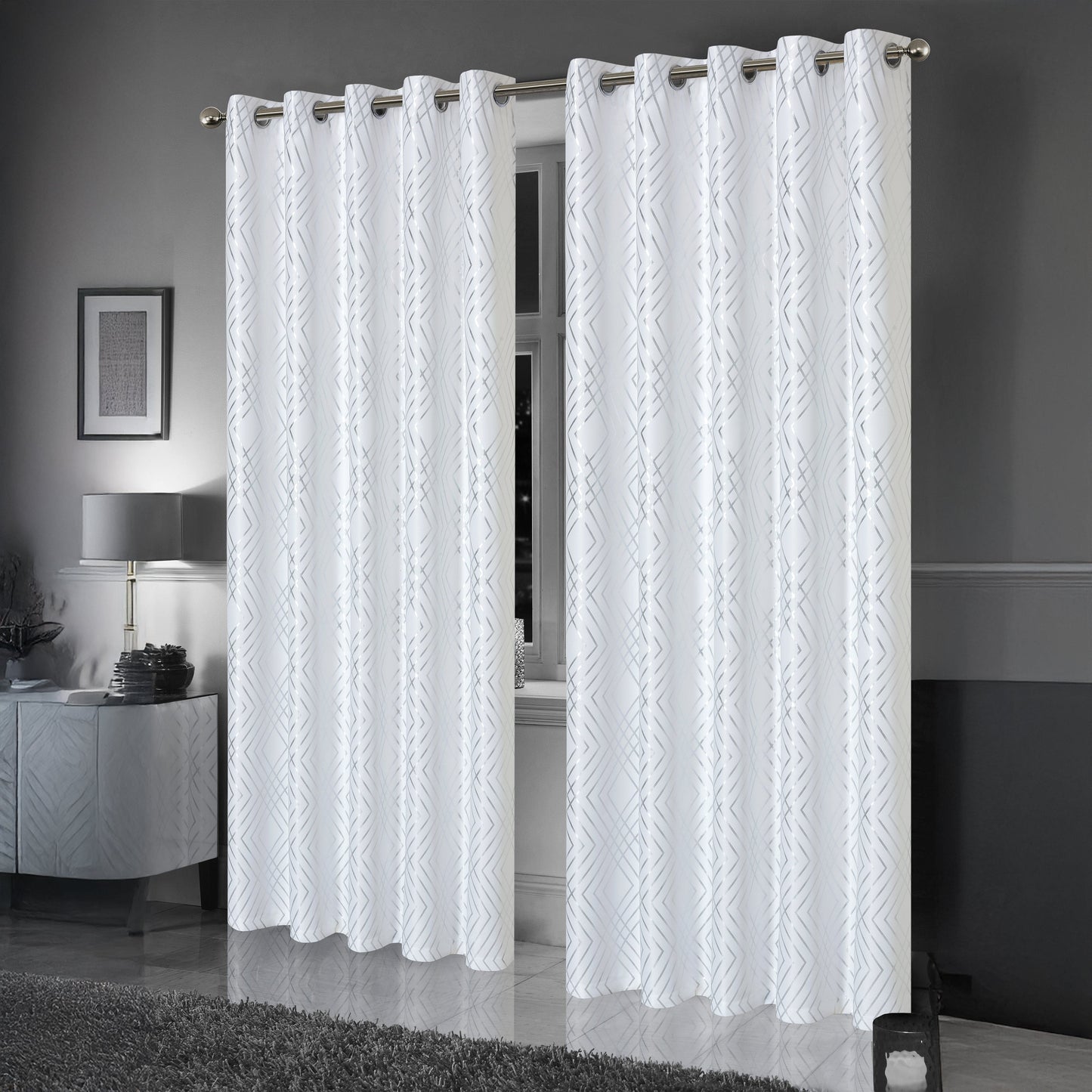 Geometric White Sparkle Blackout Curtains Soft Thermal Insulated Eyelet Ring Top Living Room & Bedroom Drapes by OLIVIA ROCCO
