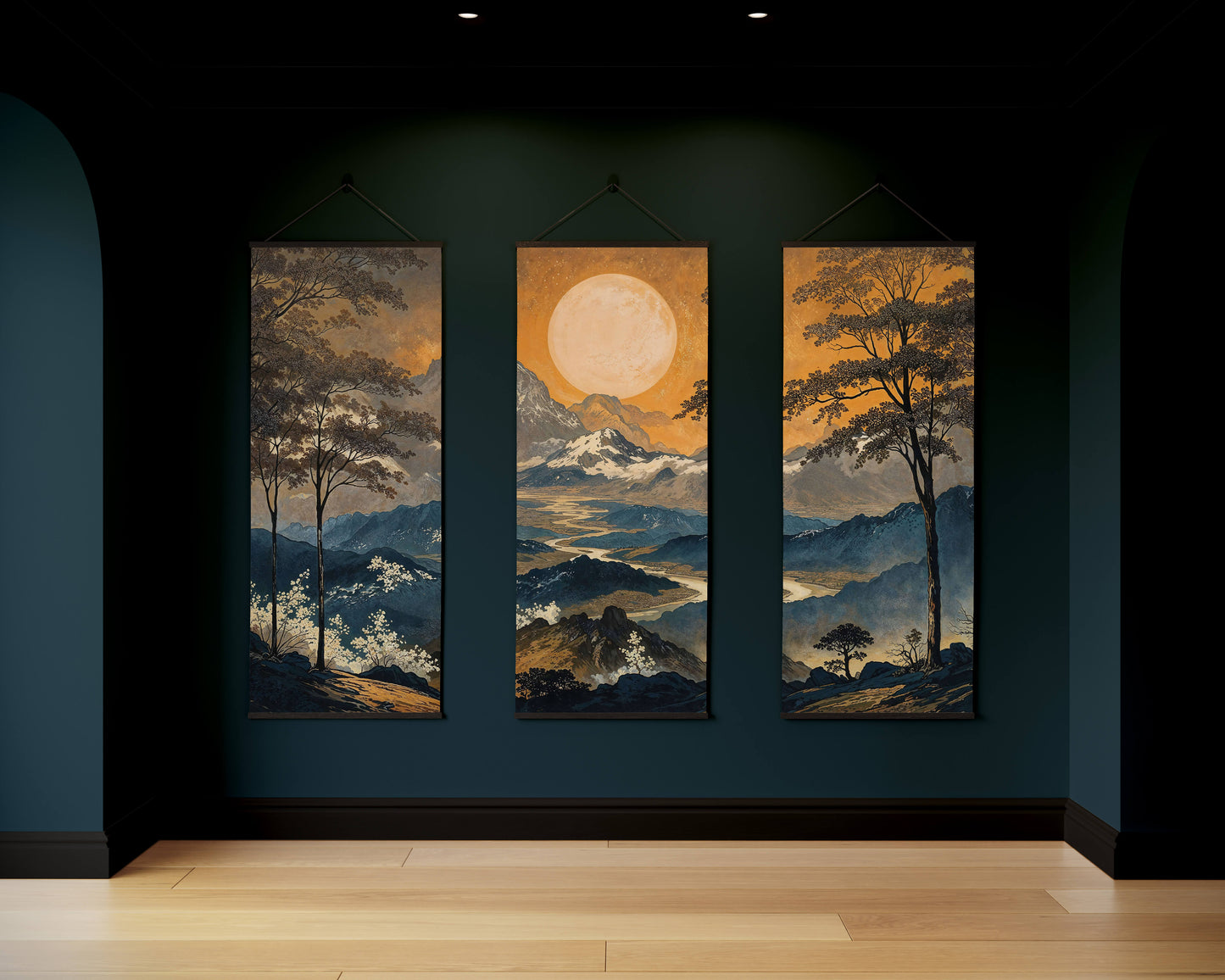 Three landscape paintings with trees and a moon on a dark wall.