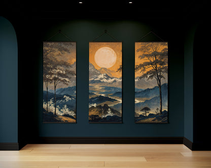 Three landscape paintings with trees and a moon on a dark wall.
