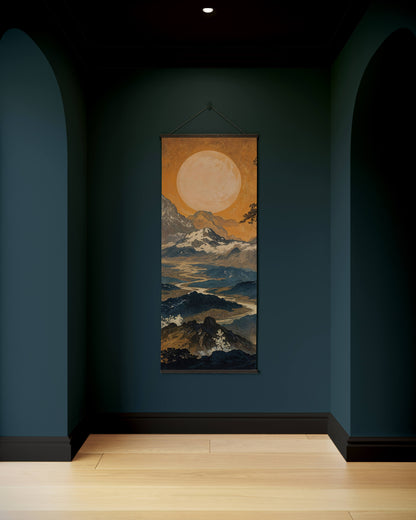 Tapestry with a mountain and sun design hanging on a dark blue wall.