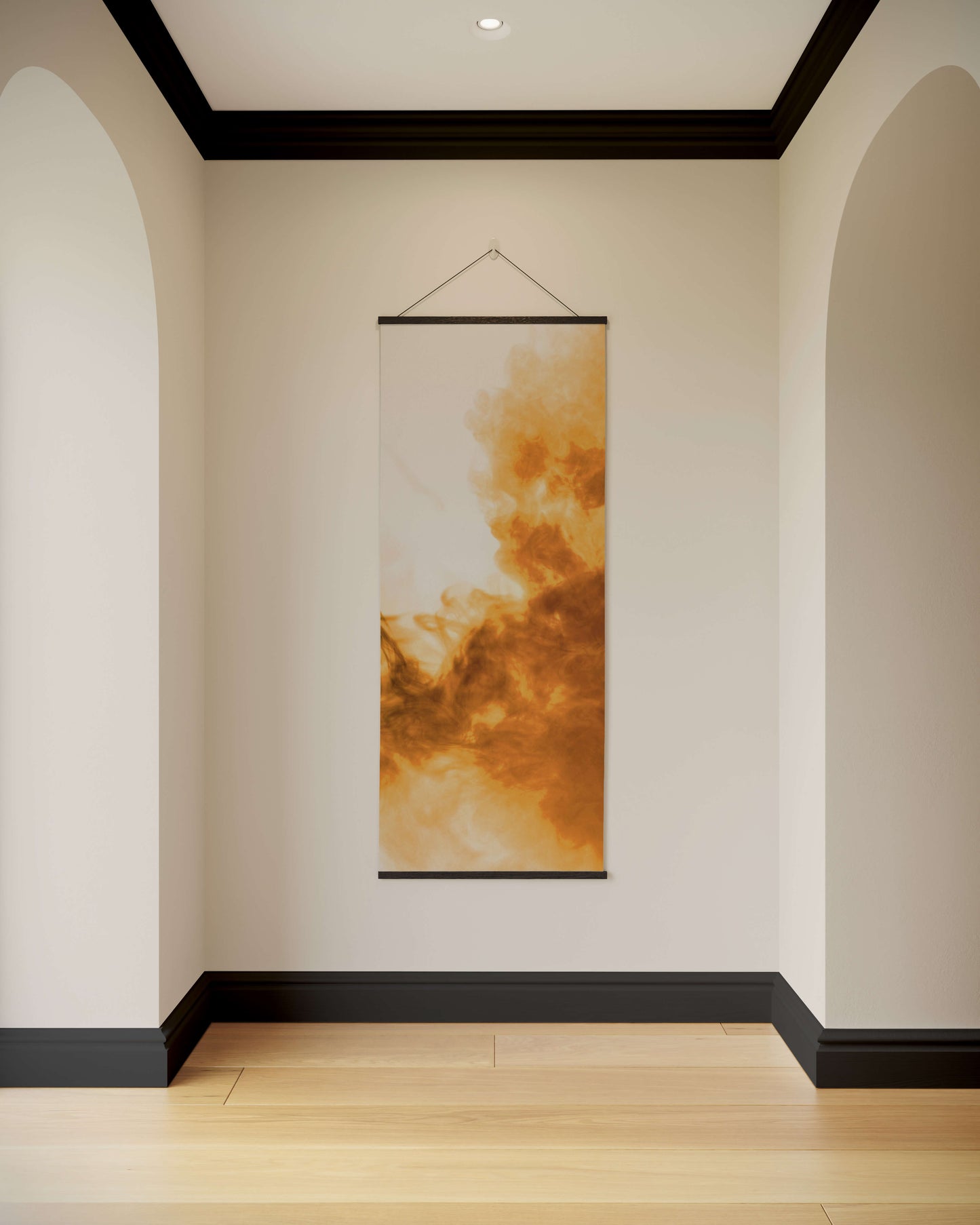 Wall art hanging in a room with arches and a neutral colour scheme