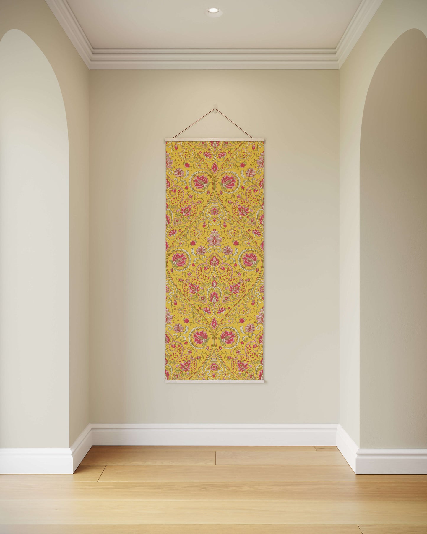 Floral patterned scroll hanging on a wall