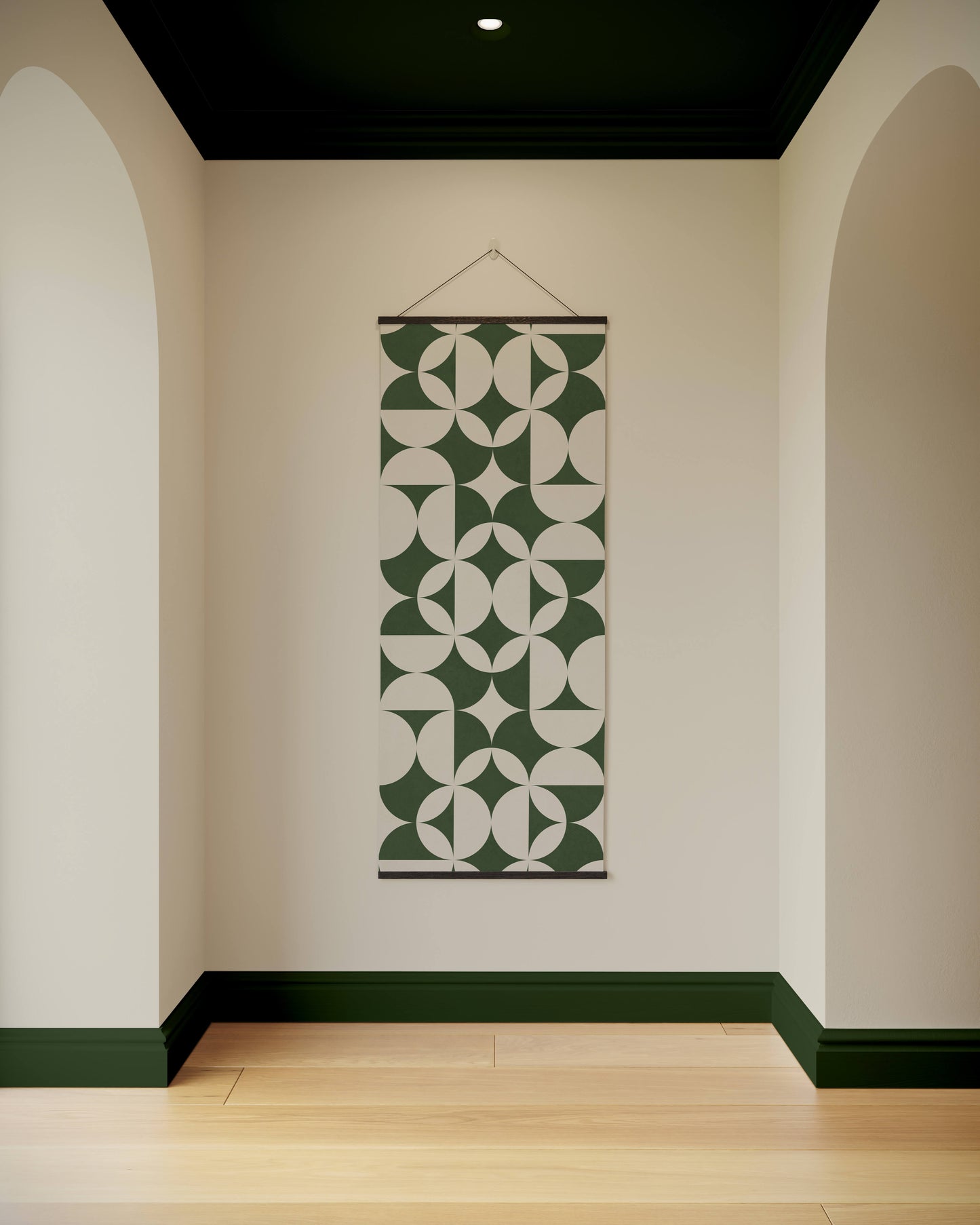Wall with a green and white geometric patterned wall hanging