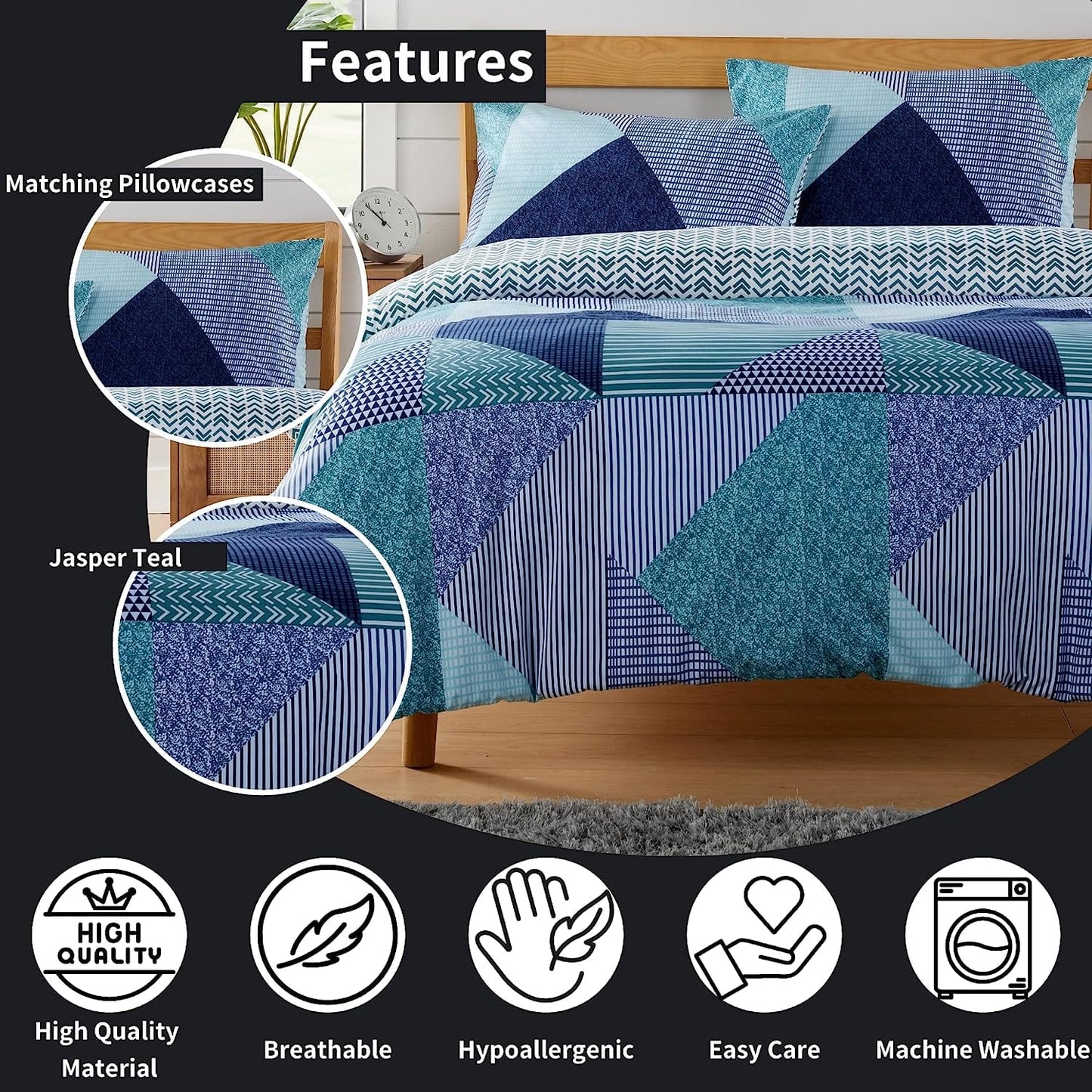 Jasper Teal Durable Printed Duvet Cover Set with Button Closure by OLIVIA ROCCO - Elegant Bedroom Decor in Single, Double, and King Sizes - Premium Polyester