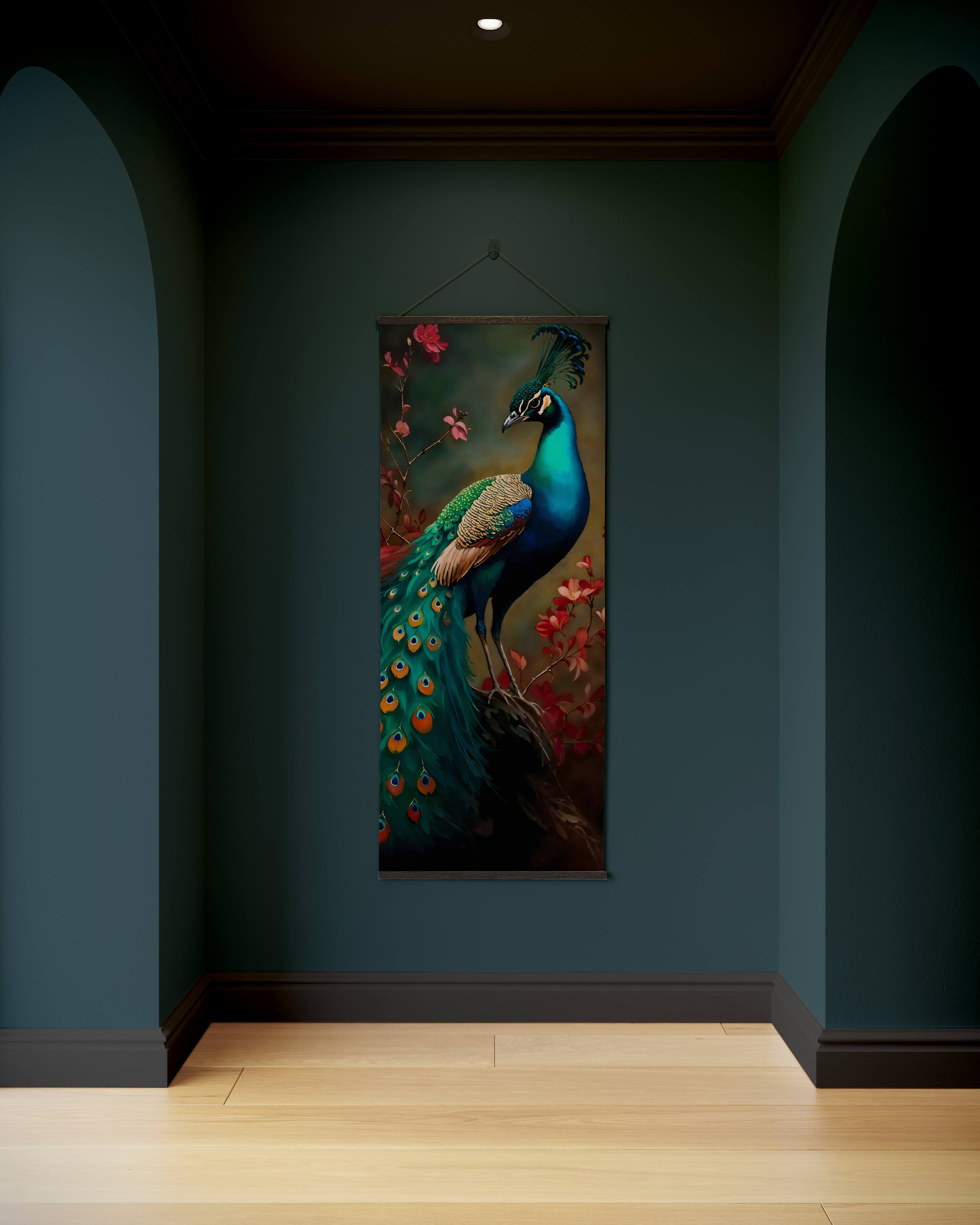 Peacock painting on a dark wall with wooden floor