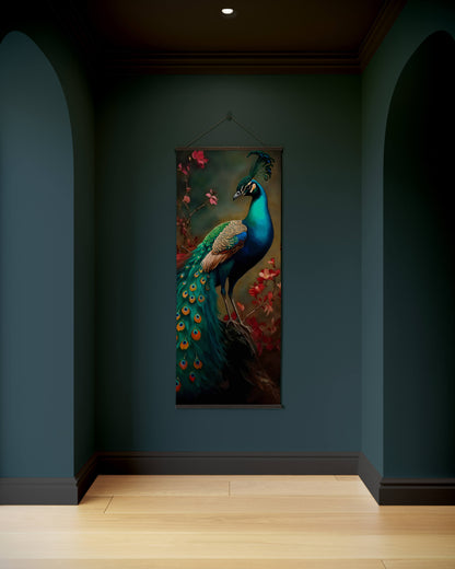 Peacock painting on a dark wall with wooden floor