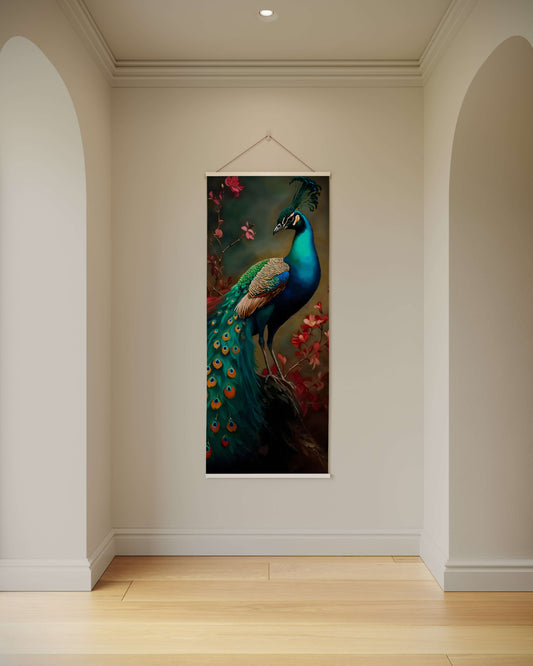 Peacock painting hanging on a wall in a room with wooden flooring.