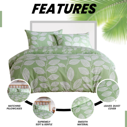 Leaf Print Reversible Cotton Rich Duvet Cover Set with Pillowcases Nature Inspired Bedding in Black and Gray All Sizes OEKO-TEX Certified by OLIVIA ROCCO