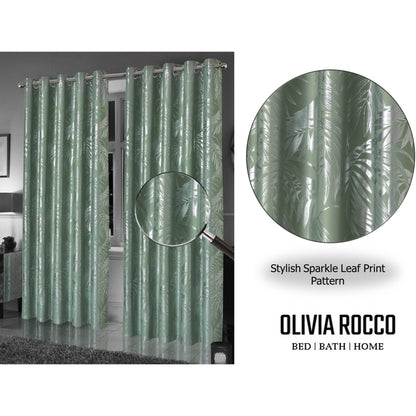 Leaf Sage Green Sparkle Blackout Curtains Super Soft Thermal Insulated Eyelet Drapes for Living Room & Bedroom 2 Panels by OLIVIA ROCCO