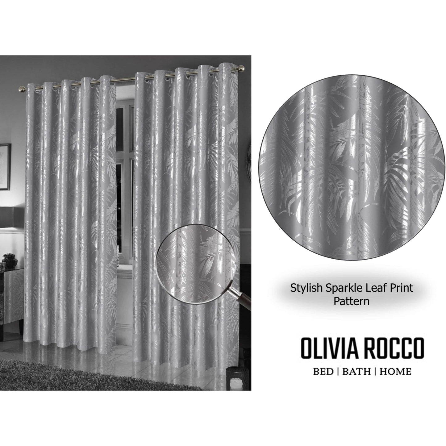 Leaf Silver Sparkle Blackout Curtains Super Soft Thermal Insulated Eyelet Drapes for Living Room & Bedroom 2 Panels by OLIVIA ROCCO