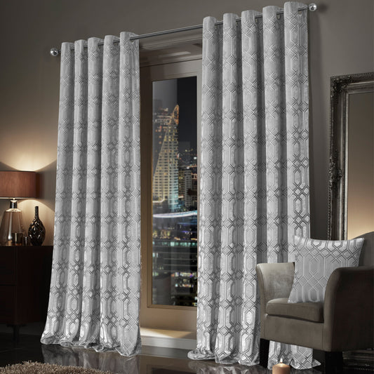 Luxe Geo Velvet Eyelet Curtains Grey Thermal Insulated Soundproof Light Blocking Drapes for Bedroom & Lounge by OLIVIA ROCCO