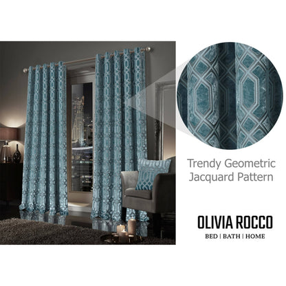 Luxe Geo Velvet Eyelet Curtains Teal Thermal Insulated Soundproof Light Blocking Drapes for Bedroom & Lounge by OLIVIA ROCCO