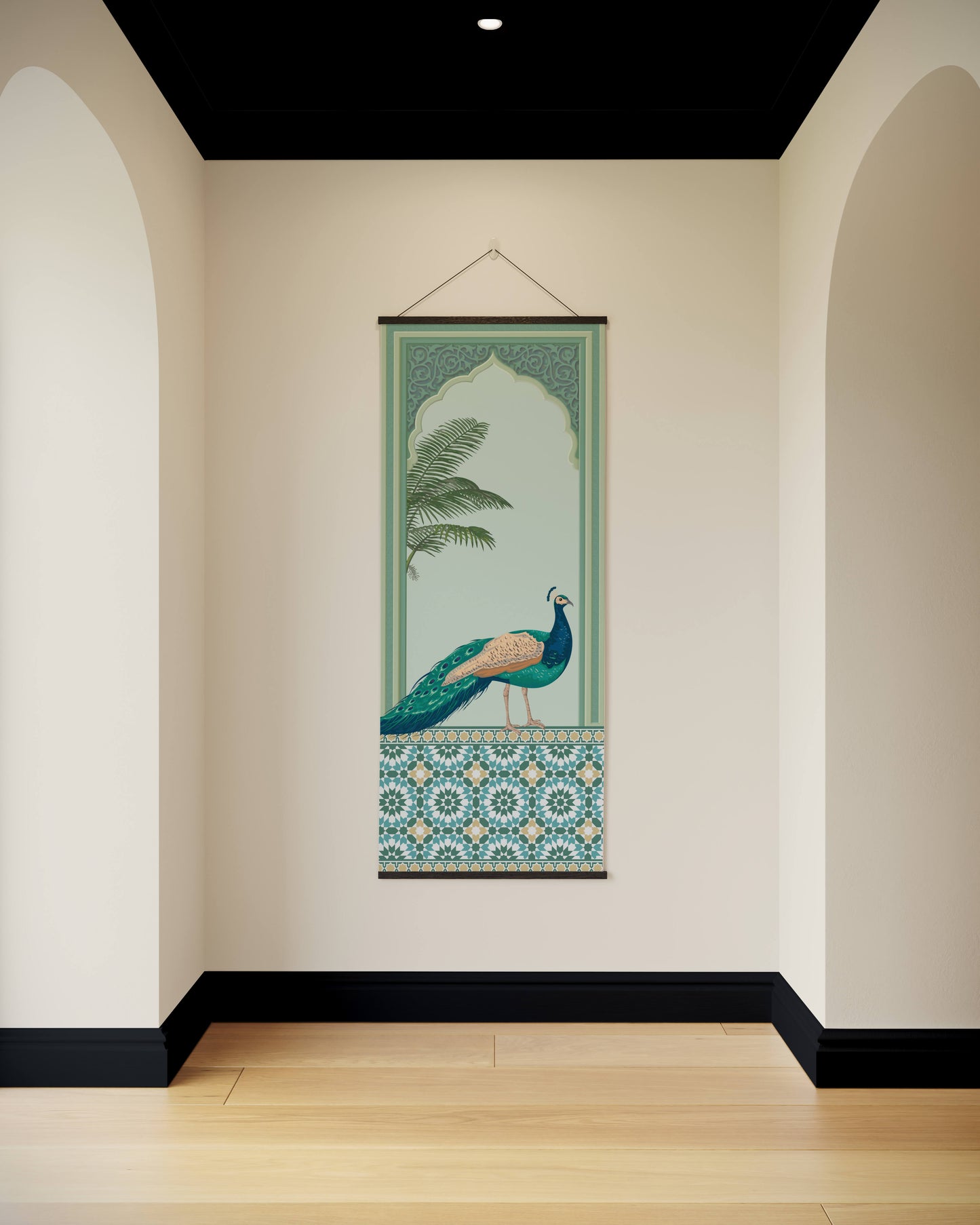 Hanging wall art with a peacock design in a room with arched doorways.