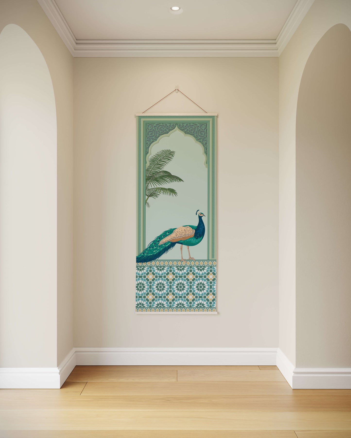Decorative wall hanging with a peacock design on a plain wall.