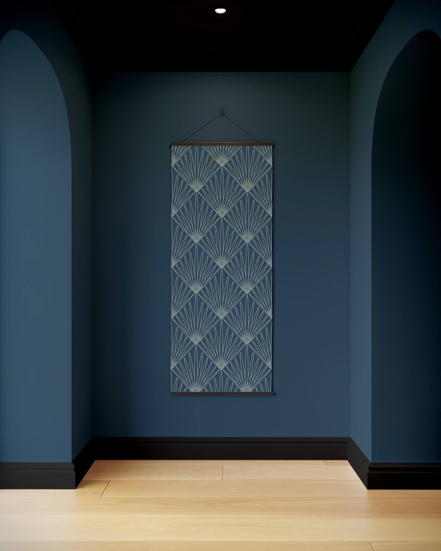 Decorative wall art hanging on a blue wall with arched doorways.