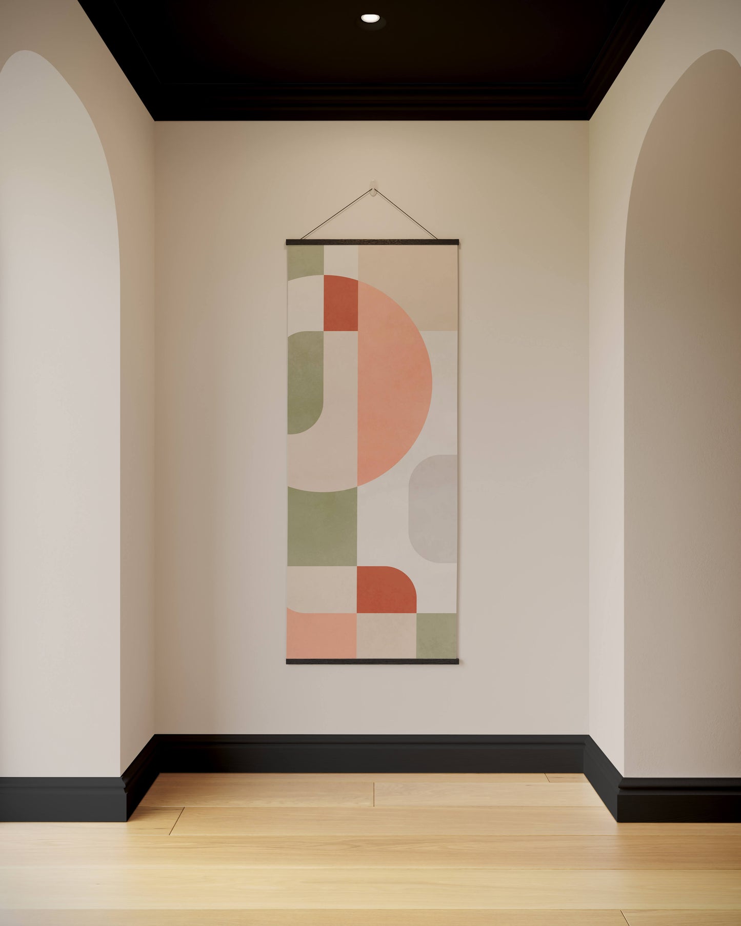 Abstract wall art hanging on a wall with arches and a wooden floor.