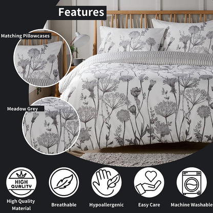 Meadow Grey Reversible Duvet Cover Set with Pillowcases Stylish Chic Design Durable Breathable Polyester Quilt Cover for Master Guest Rooms by OLIVIA ROCCO