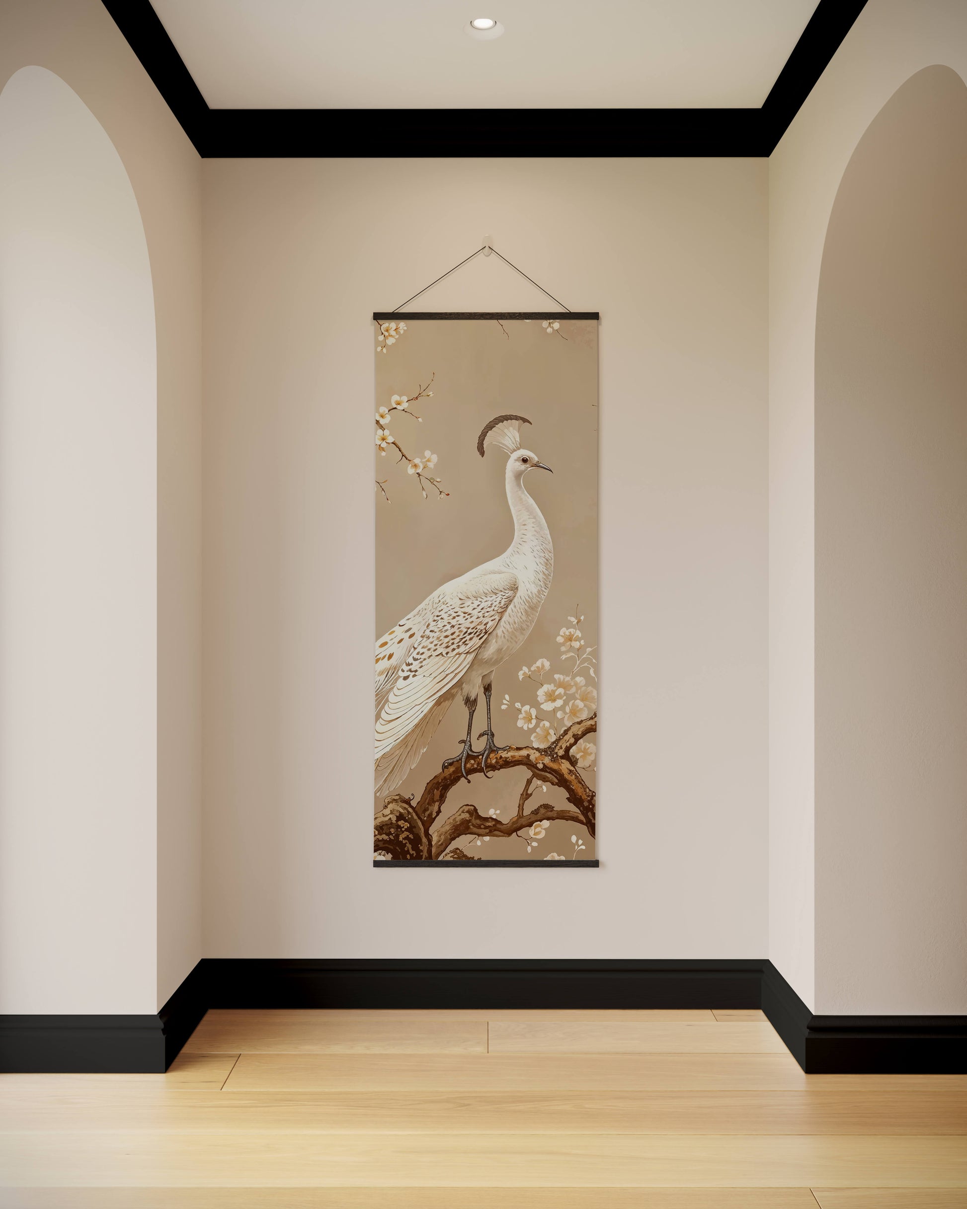 Decorative wall hanging of a peacock on a beige wall with wooden floor and arches.