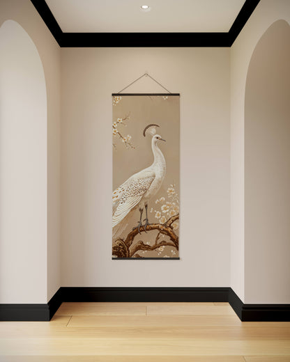 Decorative wall hanging of a peacock on a beige wall with wooden floor and arches.