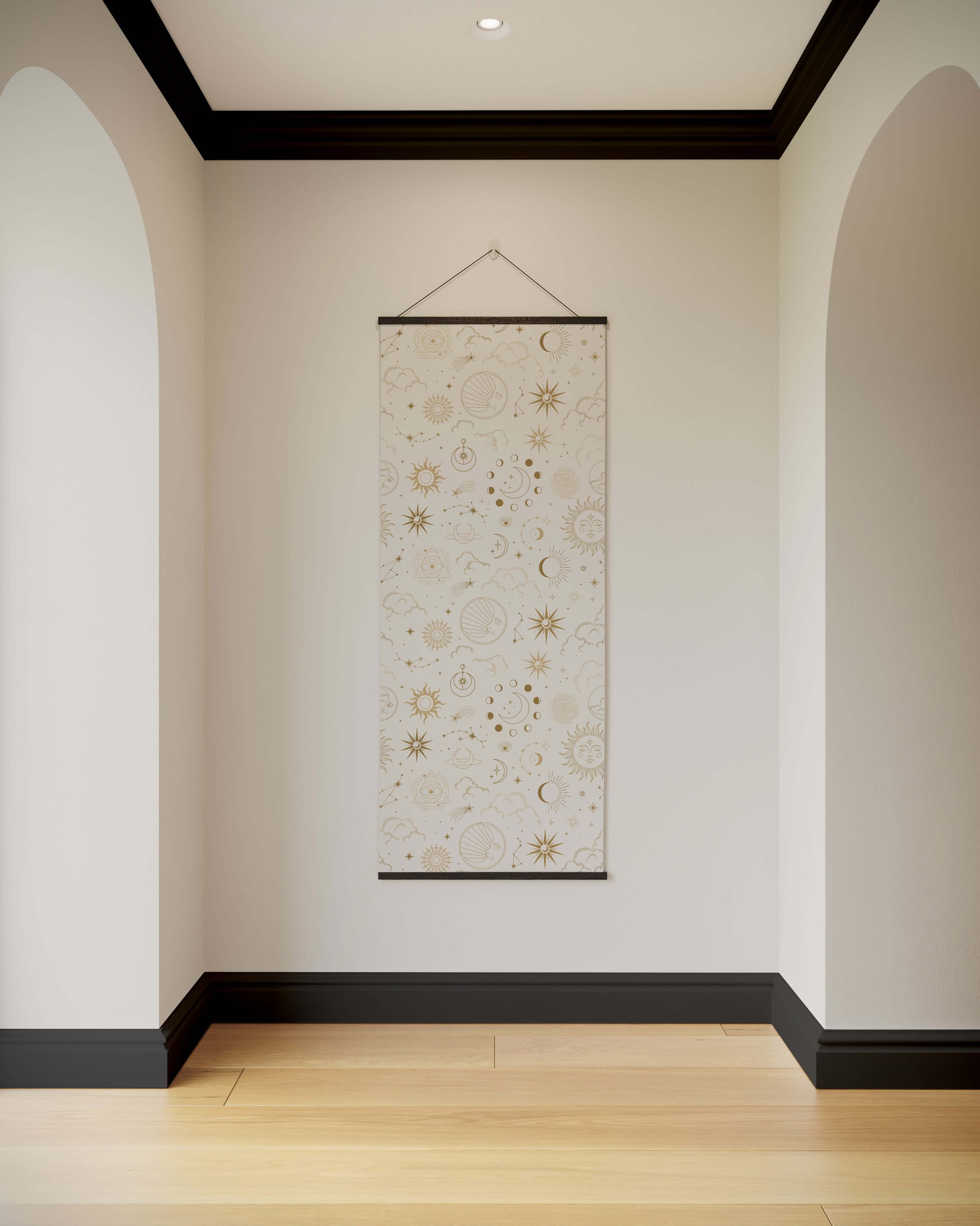 Decorative wall scroll hanging on a plain wall with arches and a wooden floor.