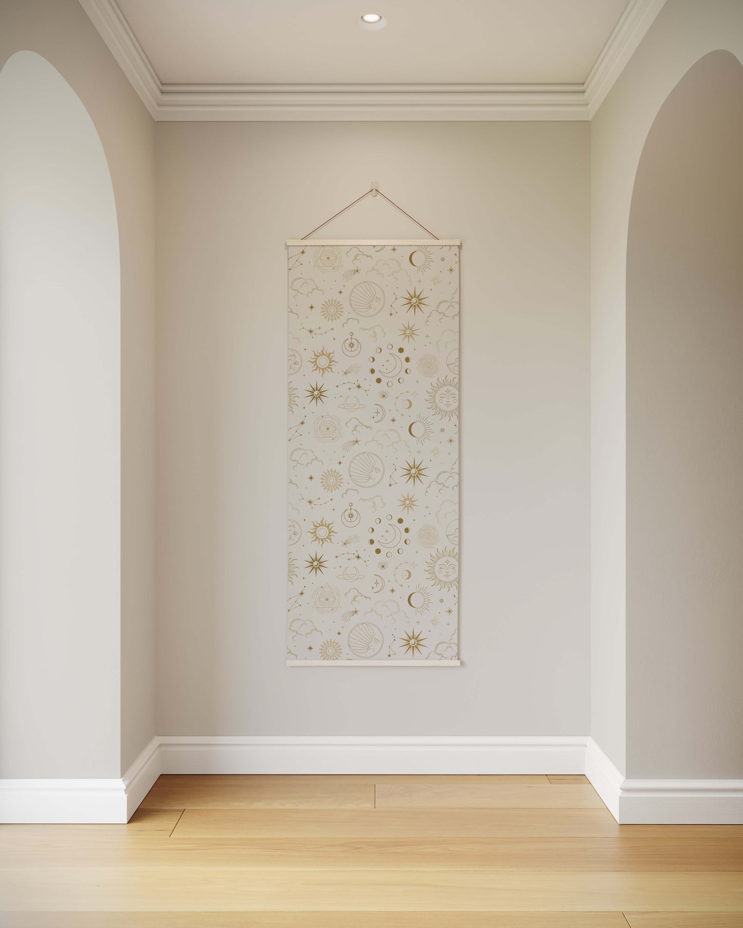 Decorative wall hanging with floral and geometric patterns on a plain wall.