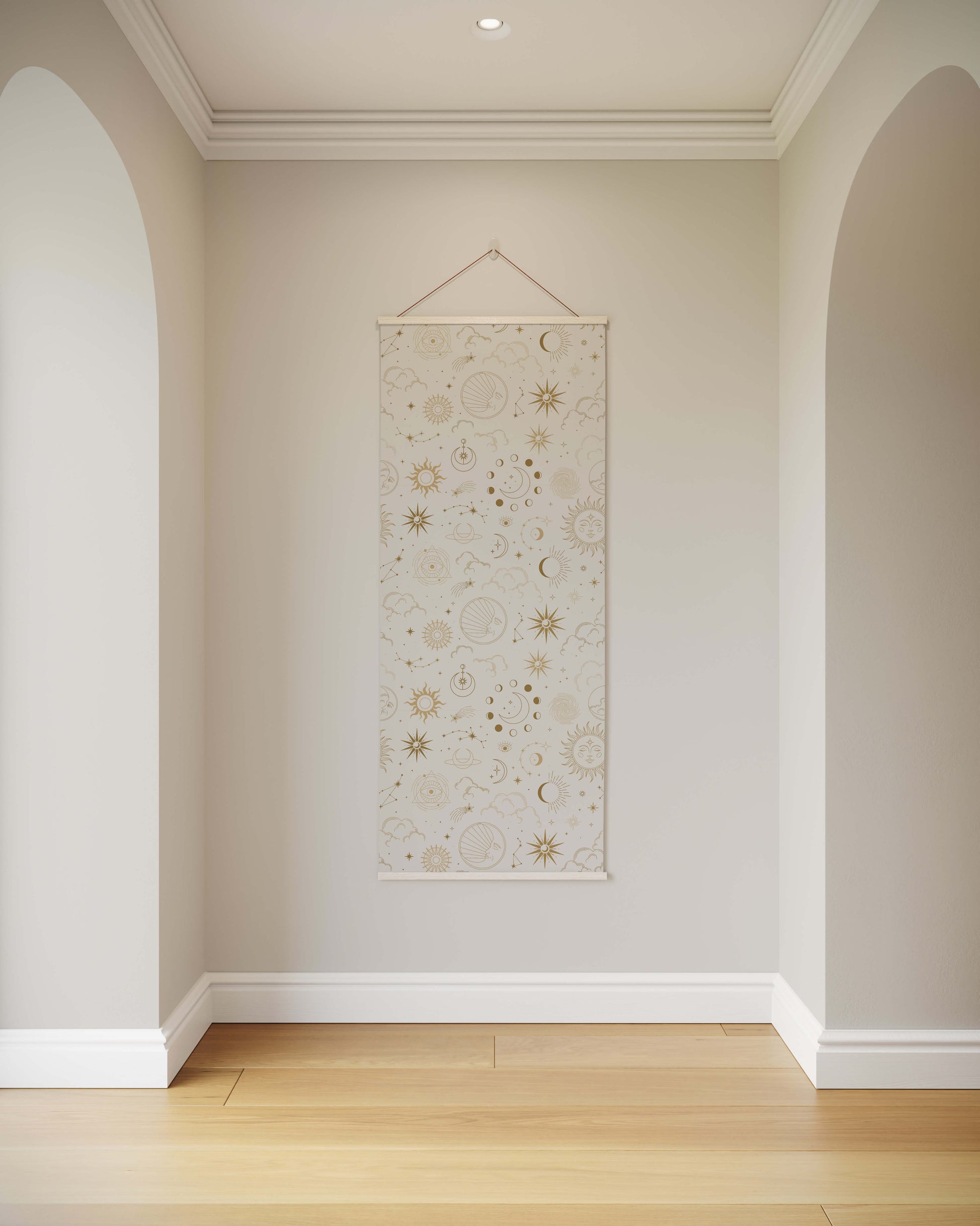 Decorative wall hanging with floral and geometric patterns on a plain wall.