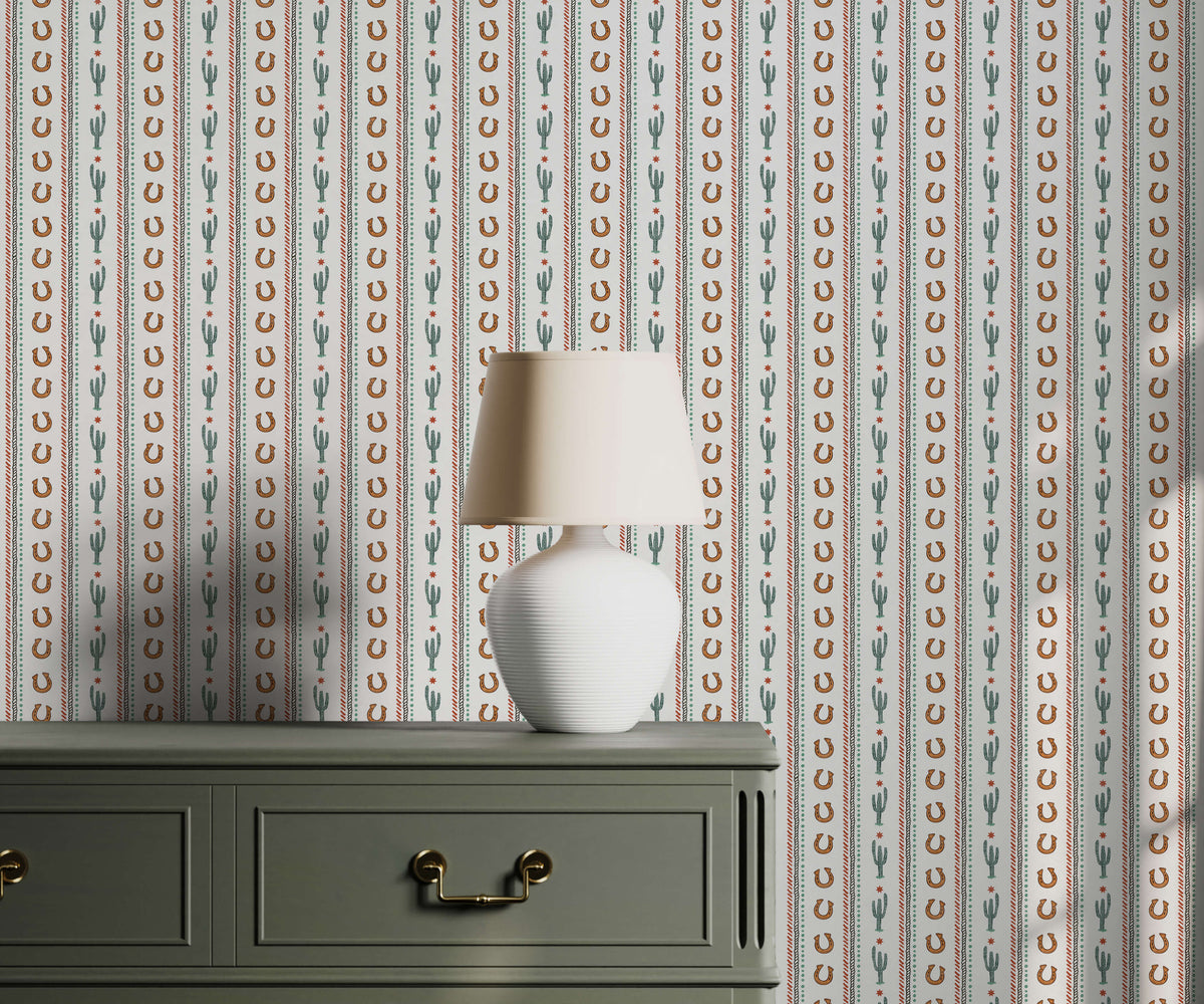 Bobbi Beck Nashville Cactus and Horseshoe Stripe Wallpaper