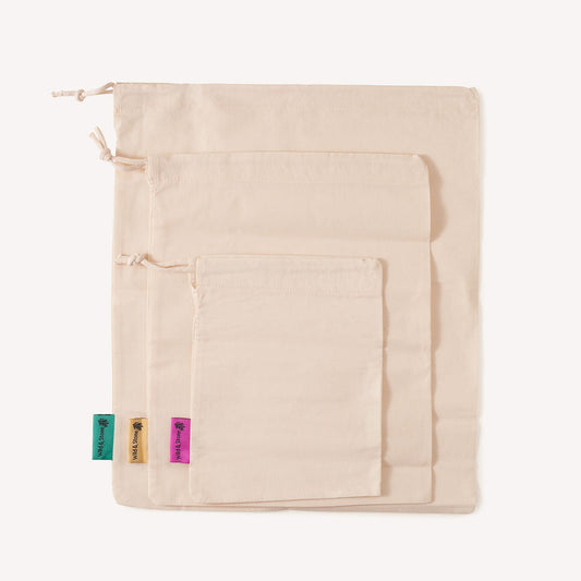Wild and Stone Unbleached Organic Cotton Produce Bags — Set of 3 Sizes, Small Medium Large