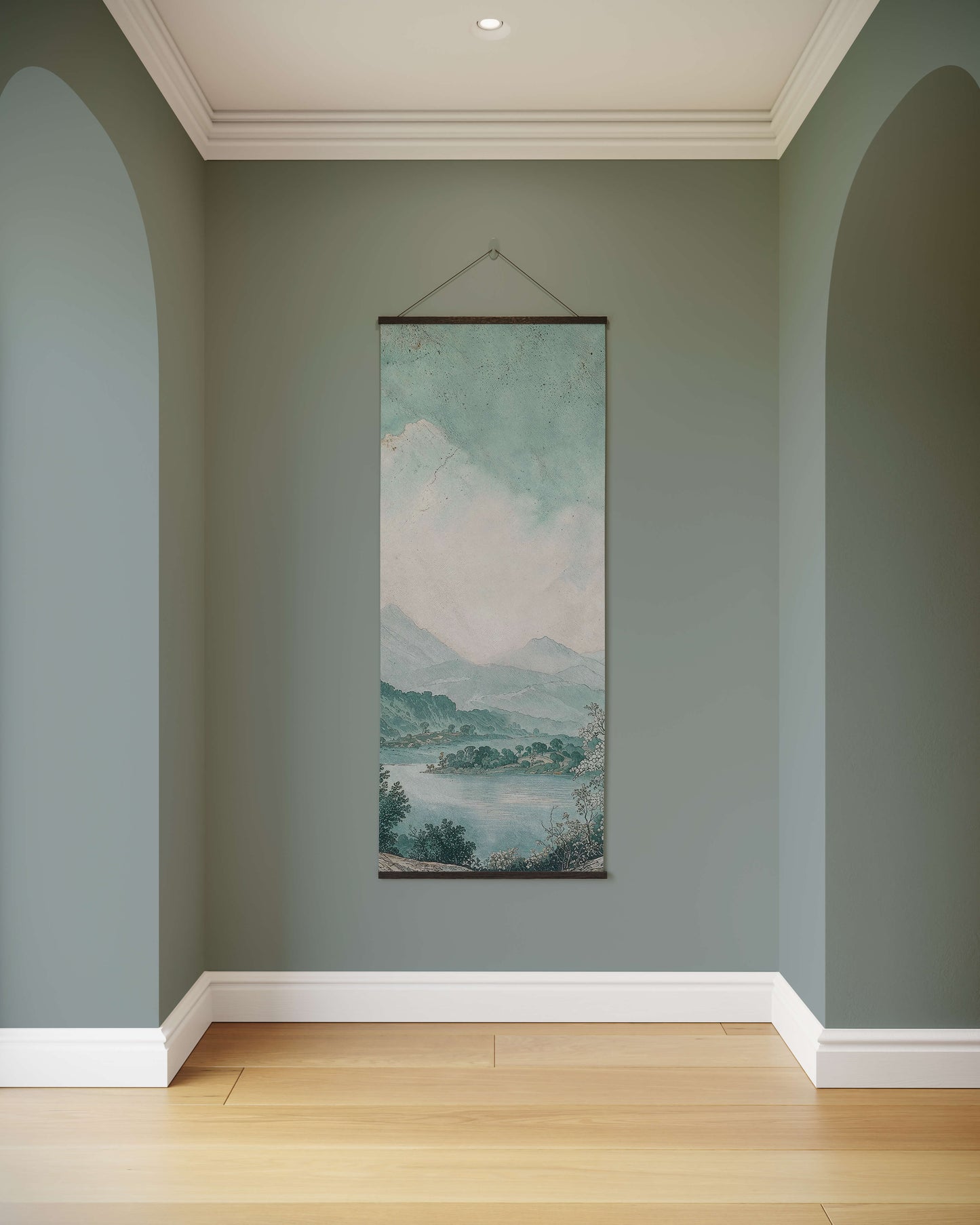 Vertical landscape painting hanging on a wall with arched doorways and wooden flooring.