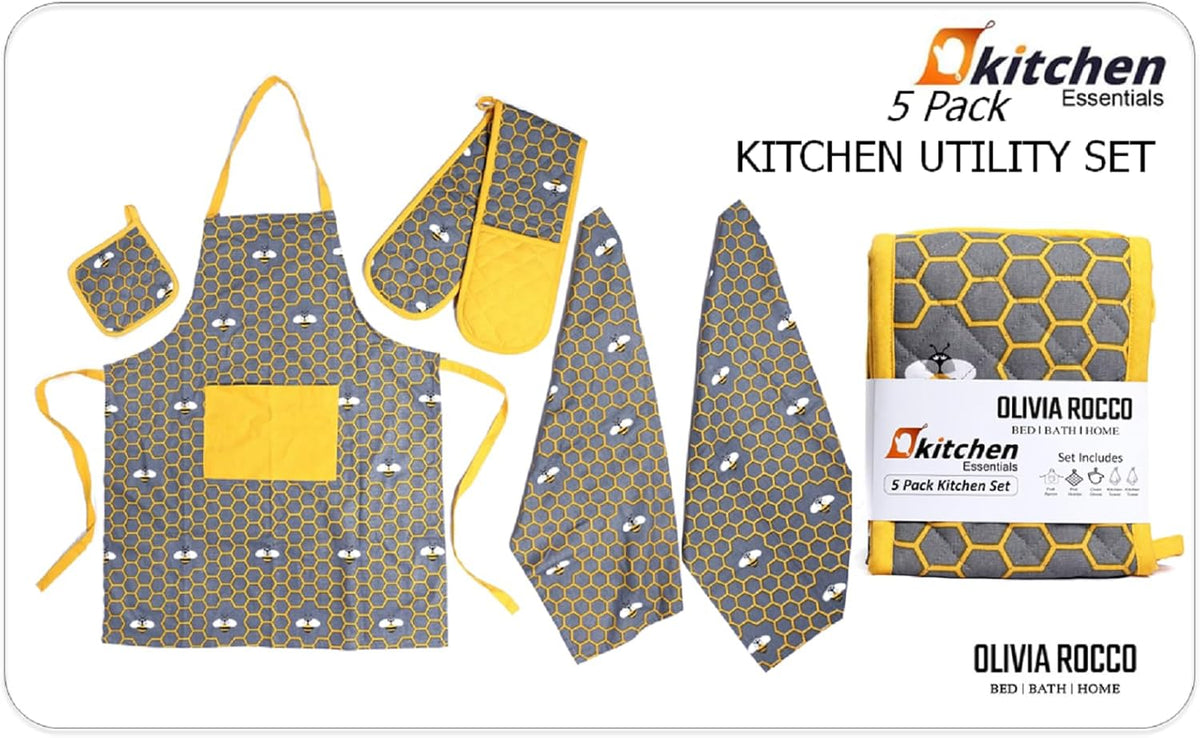 Olivia Rocco 5-Piece Kitchen Textile Set – Apron, Oven Mitt, Pot Holder & 2 Tea Towels