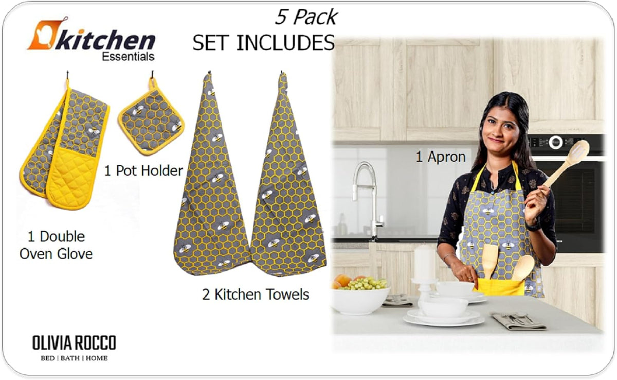 Olivia Rocco 5-Piece Kitchen Textile Set – Apron, Oven Mitt, Pot Holder & 2 Tea Towels