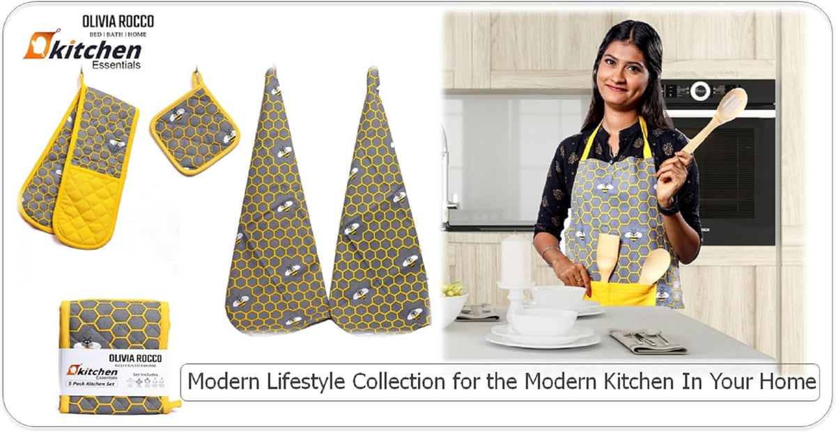 Olivia Rocco 5-Piece Kitchen Textile Set – Apron, Oven Mitt, Pot Holder & 2 Tea Towels