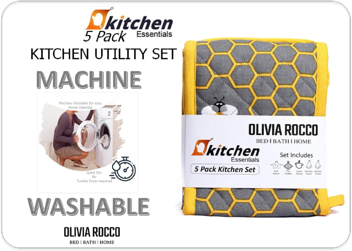 Olivia Rocco 5-Piece Kitchen Textile Set – Apron, Oven Mitt, Pot Holder & 2 Tea Towels