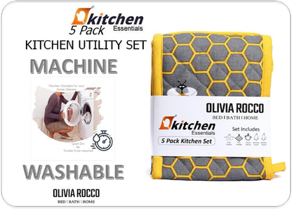 Olivia Rocco 5-Piece Kitchen Textile Set – Apron, Oven Mitt, Pot Holder & 2 Tea Towels