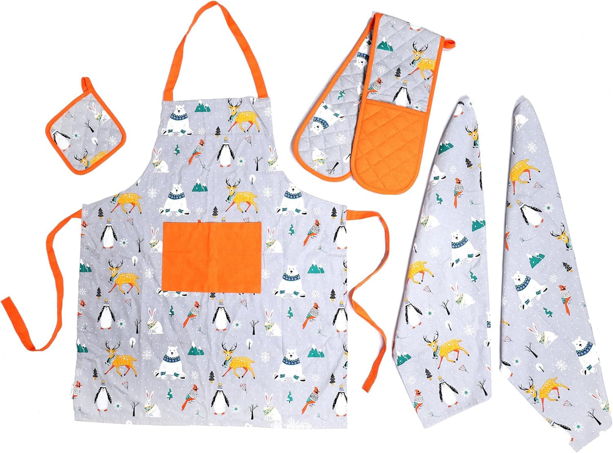 Olivia Rocco 5-Piece Kitchen Textile Set – Apron, Oven Mitt, Pot Holder & 2 Tea Towels