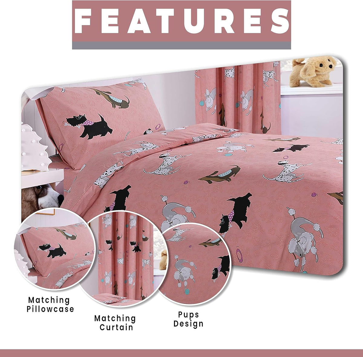 Olivia Rocco Pink Pups Dog Print Duvet Cover Set & Matching Curtains