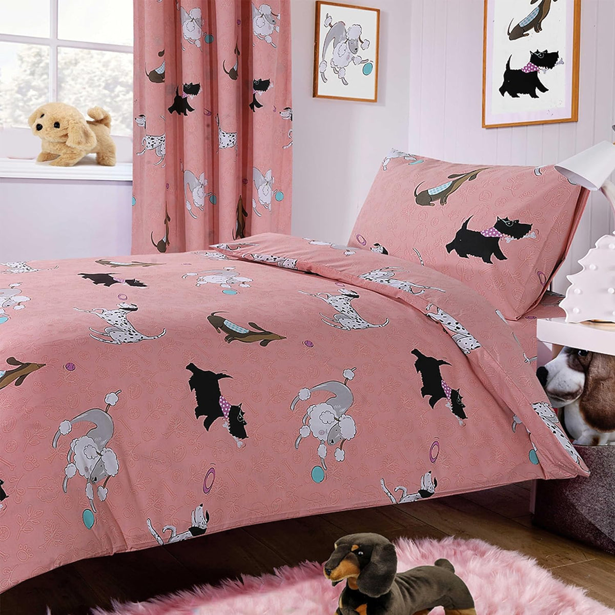 Olivia Rocco Pink Pups Dog Print Duvet Cover Set & Matching Curtains